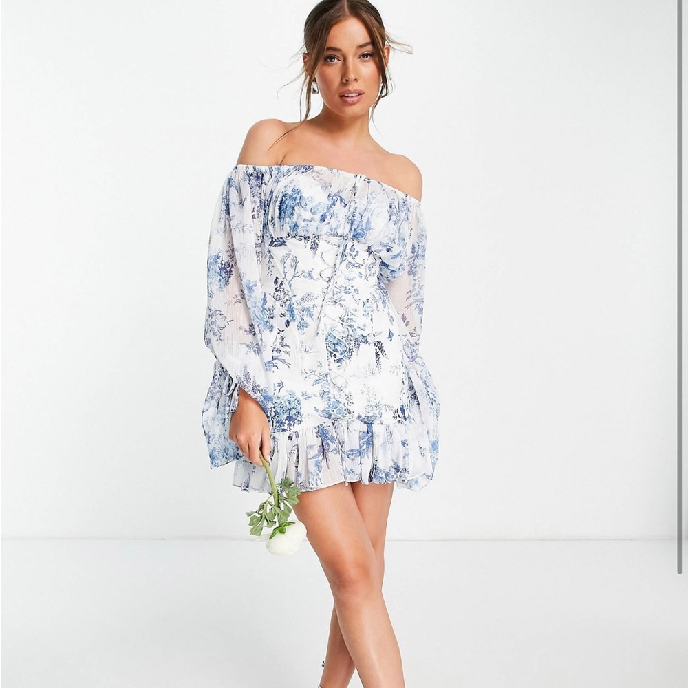 Blue floral fallen shoulder mini dress with corset detail